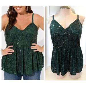 Torrid 3 (3X 22/24) Sexy Emerald Green Sequin‎ Peplum V Neck Party Cami Tank Top
